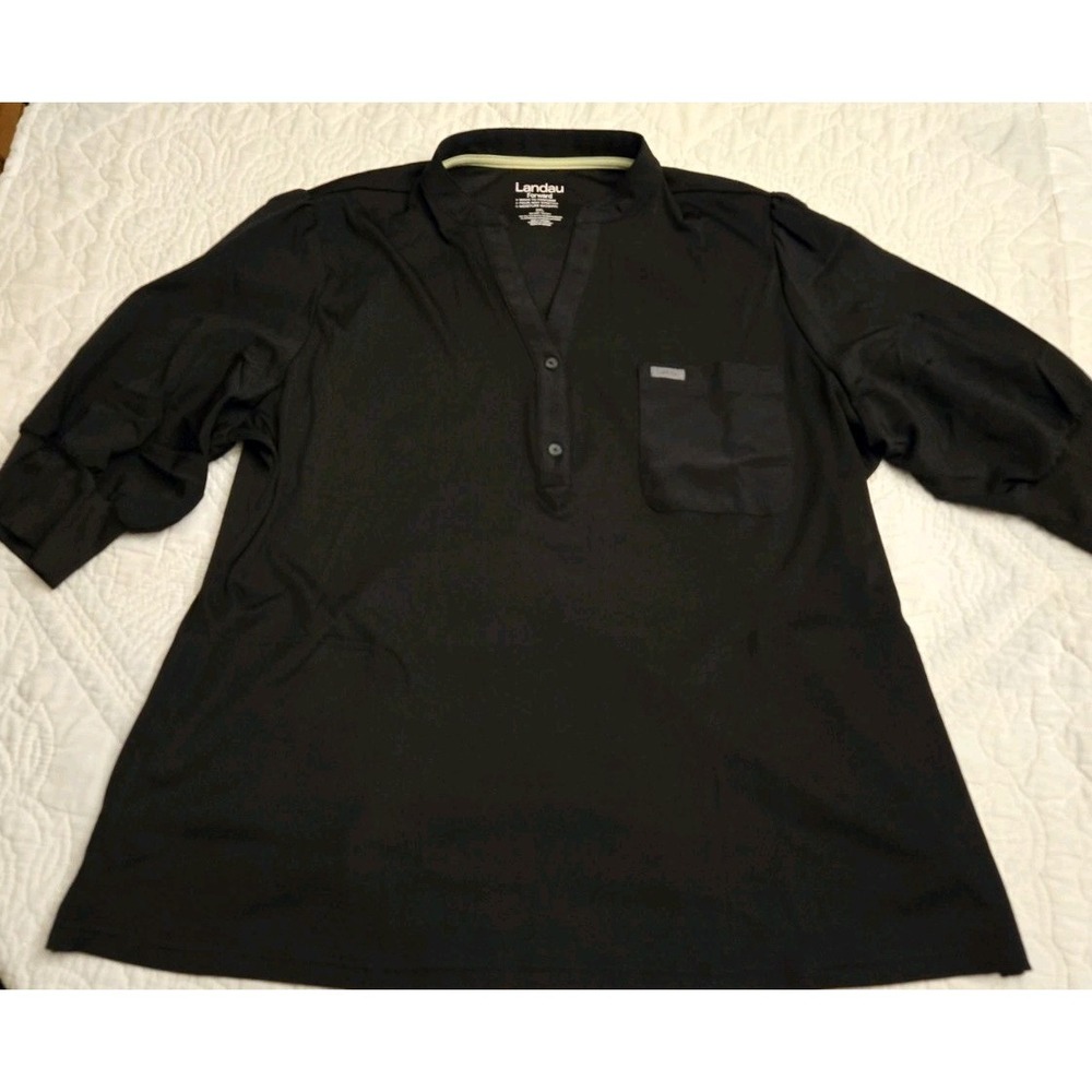 Landau Forward Women's 3-Pocket Y-Neck Scrub Top LT114 2XL Stretch Black Knit